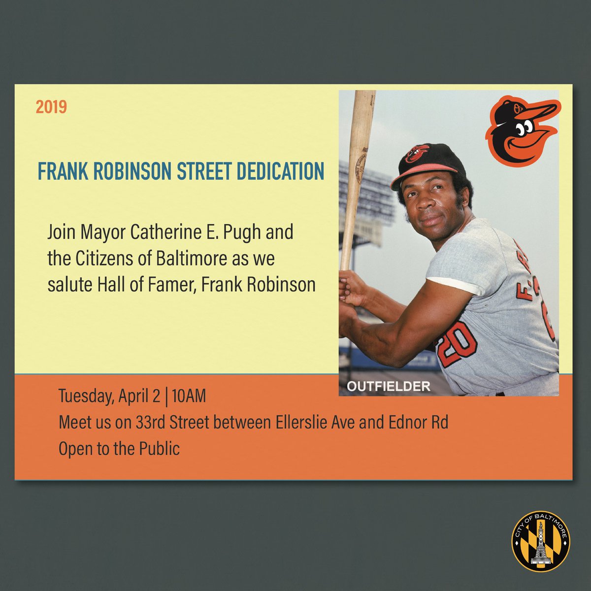 Baltimore City Hall (@baltcityhall) on Twitter photo Join us for street dedication to salute Hall of Famer, Frank Robinson on Tuesday April 2nd at 10AM! Meet us on 33rd Street between Ellerslie Ave and Ednor Rd.
#FrankRobinson #Orioles #Baltimore #MyBmore Join us for street dedication to salute Hall of Famer, Frank Robinson on Tuesday April 2nd at 10AM! Meet us on 33rd Street between Ellerslie Ave and Ednor Rd.
#FrankRobinson #Orioles #Baltimore #MyBmore