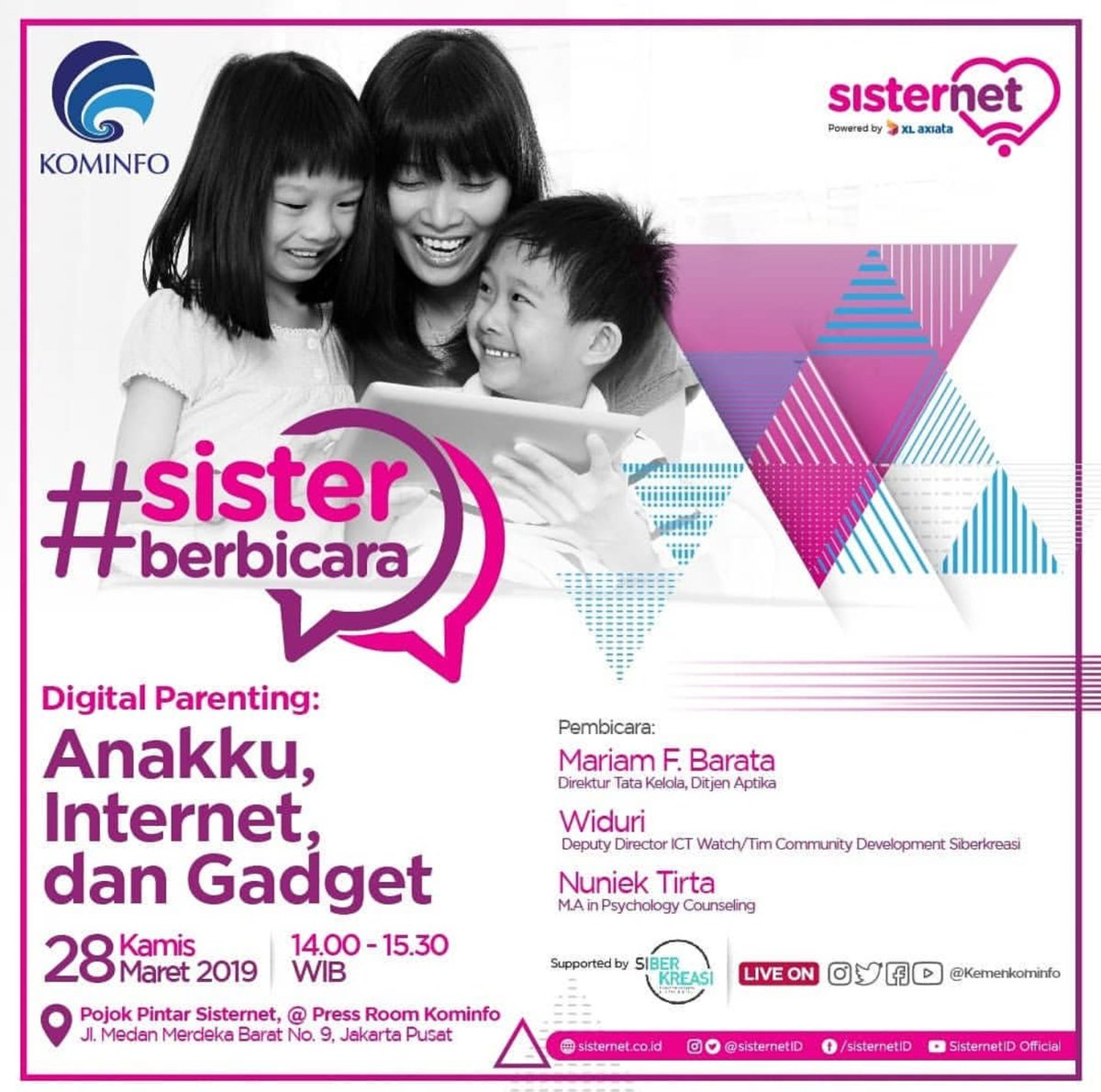 Hi #Sobatkom, hari ini (28/3) Kominfo bkrjsma dgn <a href="/sisternetID/">Sisternet</a> &amp; <a href="/SiBerkreasi/">Siberkreasi</a> akn menggelar event #SisterBerbicara #DigitalParenting "Anakku, Internet &amp; Gadget". Live di seluruh platform (Twitter, IG, FB, Youtube) pukul 14.00 WIB #KominfoProaktif #StopKontenNegatif #InternetSehat