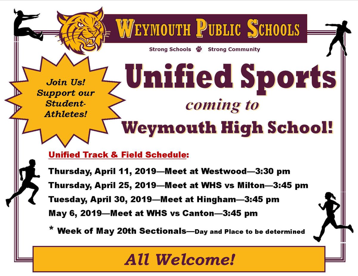 WeyHS_Athletics's tweet photo. Here is our official Unified Spring Track & Field schedule for this season. Looking forward to an amazing couple of meets! #StriveForInclusion https://t.co/NkKWIHCHsq