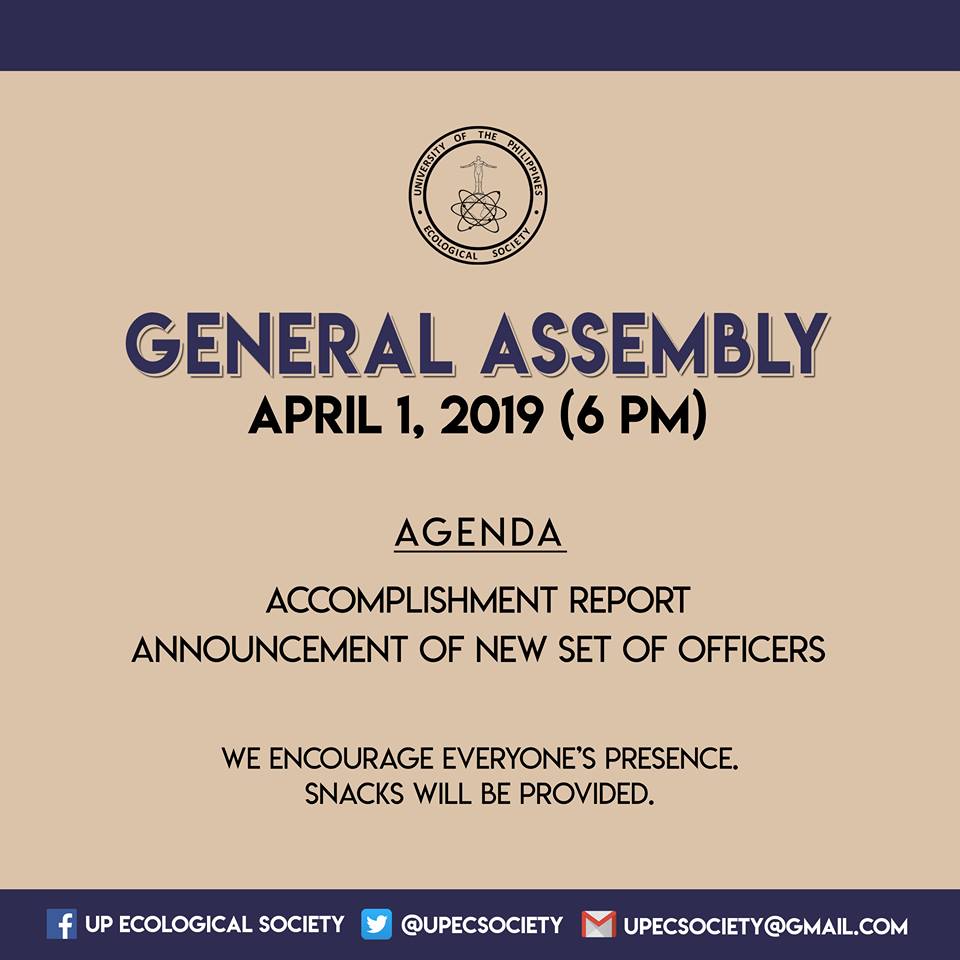 upecsociety's tweet photo. Hello everyone! The final General Assembly for this school year will be held on Monday (Apr 1) at 6:00 pm. The venue is to be announced. Agenda includes the presentation of the accomplishment reports as well as the announcement of the new set of officers for A.Y. 2019-2020. https://t.co/C56zv6ragN