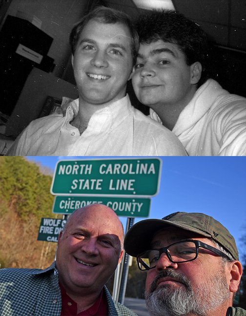 PackHoops100's tweet photo. From covering NC State as students at @NCSUTechnician to covering the State of NC as employees at NC State, "100 Years of NC State Basketball" authors and @NCStateCHASS grads @PackTimPeeler and @RogerWinstead believe in #GivingPack. @NCState #NC100NCState #ThenAndNow https://t.co/qwW48jF6Nq
