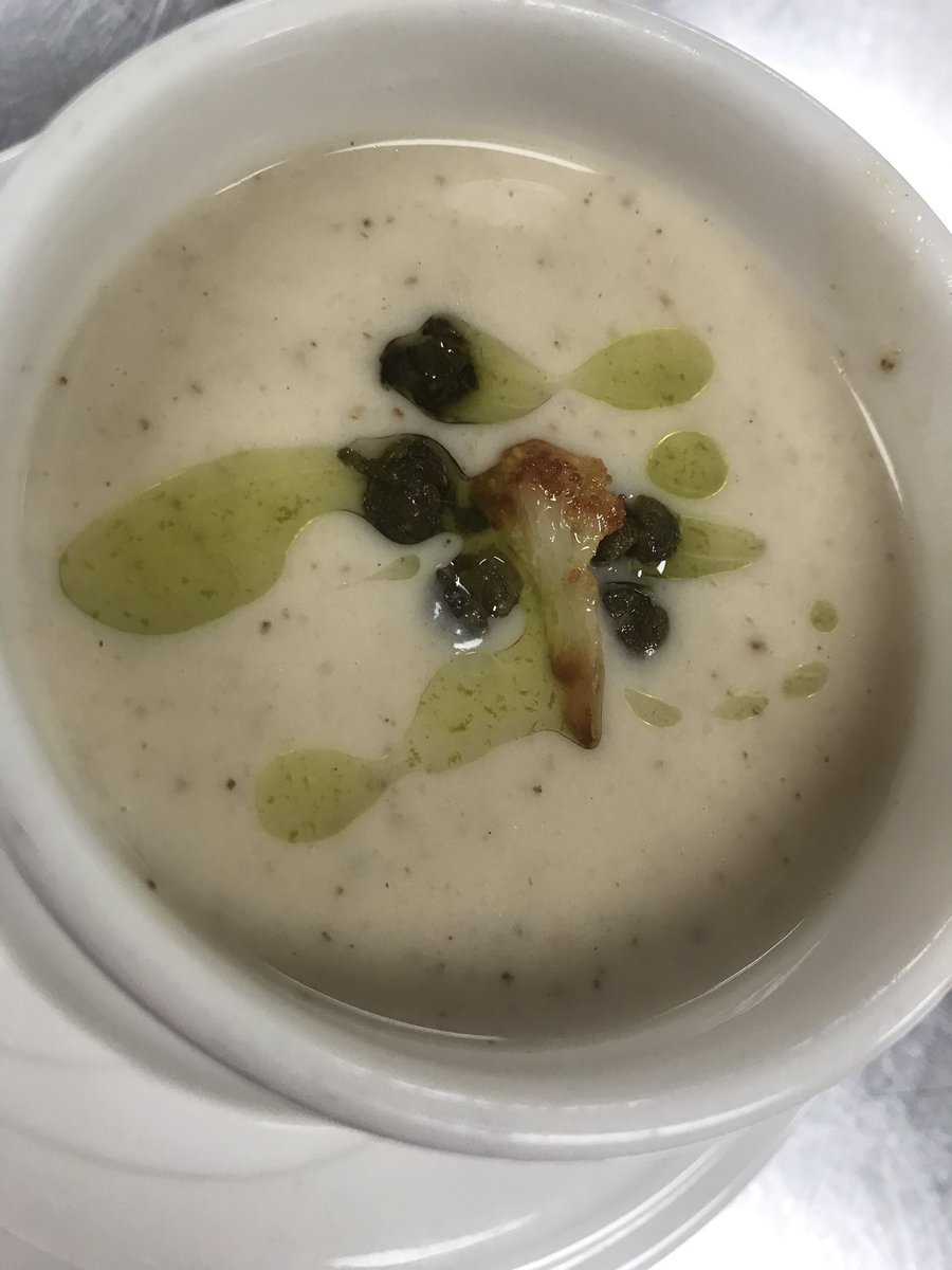 anewc13's tweet photo. German cuisine was the subject today! I prepared a roasted cream of cauliflower soup with notes of nutmeg, garnished with a dill oil, fried capers &amp; roasted cauliflower. I may have bombed my quiz but I aced this soup.  #cul285 #deltech #imsmartwhereitcounts https://t.co/lQbkzQoHVf