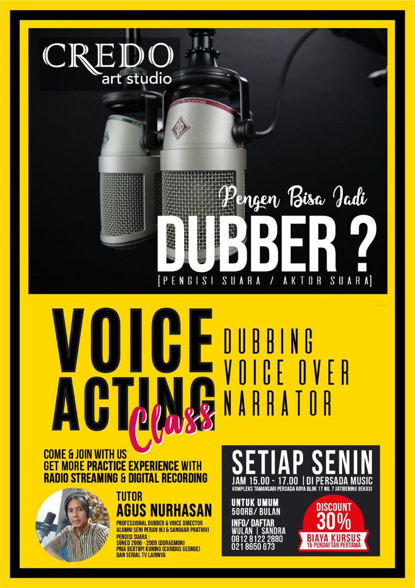 vitta_broer's tweet photo. Ingin tahu teknik teknik sebagai Dubber ? Pernah nonton Doraemon ? Curious George ? Nah, ingin tahu cara cara mengisi suara di film film tersebut ? Ayo belajar DUBBING bersama Kak Agus Nurhasan , seorang Dubber senior yang sangat berpengalaman selama lebih dari 2 dekade
#Dubber https://t.co/caipWZ9fan