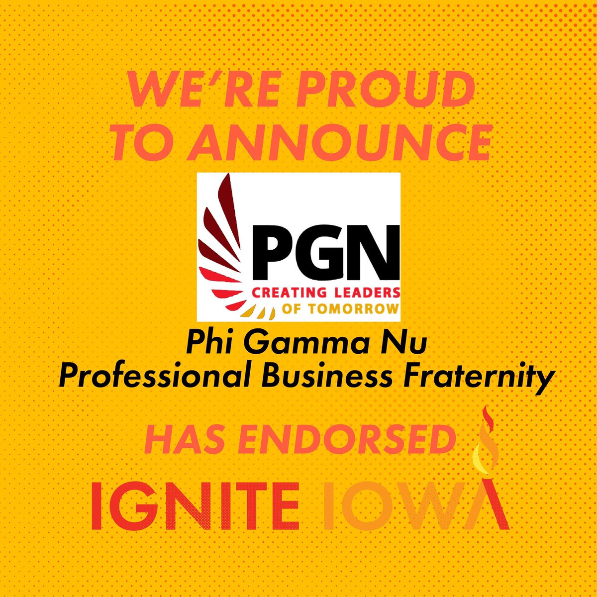 igniteiowa2019's tweet photo. We are so glad to announce that we have been endorsed by the Universitt of Iowa Veterans Association, Phi Gamma Nu Professional Business Fraternity, &amp; Hawkeyes for Humanity! 🥳 Thank you so much for the support! https://t.co/tVL8jkvKQi