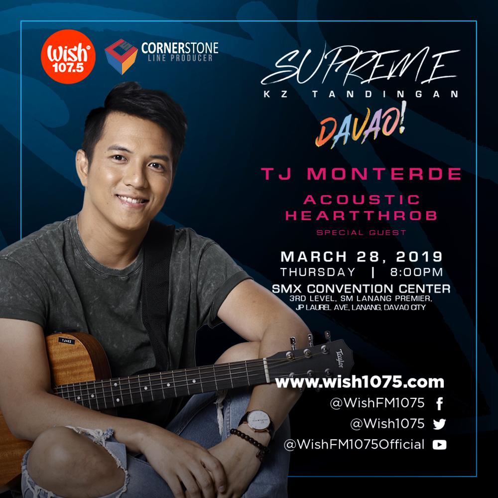 wish1075's tweet photo. Acoustic heartthrob @tjmusicmonterde is ready to spread kilig vibes with Soul Supreme @KZofficial on her much-awaited Davao concert tonight!

"SUPREME: KZ Tandingan" LIVE in Davao is happening tonight, March 28, 8 p.m. PHT, at the SMX Convention Center, SM Lanang Premier! https://t.co/Yt5keaetk0