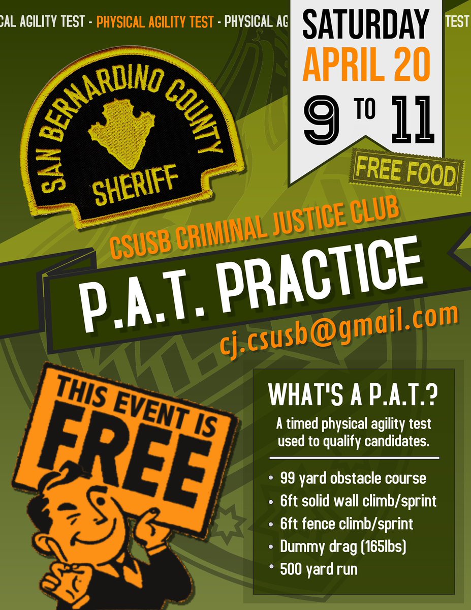 CJClubCSUSB's tweet image. The #CSUSB #CJClub &amp;amp; #SBCSD will be hosting a Physical Agility Test (#PAT) practice on Saturday, April 20; which will include an orientation session, Q&amp;amp;A, and #FREEFOOD!

#CSUSB #students: please RSVP, no membership required, and it’s #FREE !!!

Email:  cj.csusb@gmail.com