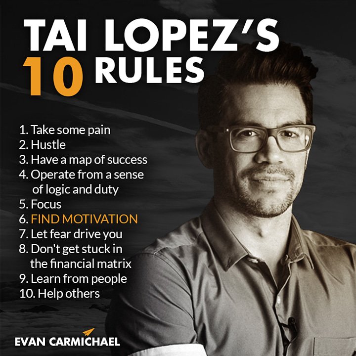 EvanCarmichael's tweet photo. Need motivation? Grab a snack and chew on today's lessons from a man who went from being completely broke, working on a farm, to getting involved with more than 20 multi-million dollar businesses. He's Tai Lopez and here's my take on his Top 10 Rules for Success Vol. 3! #Believe https://t.co/wVenofjmcb