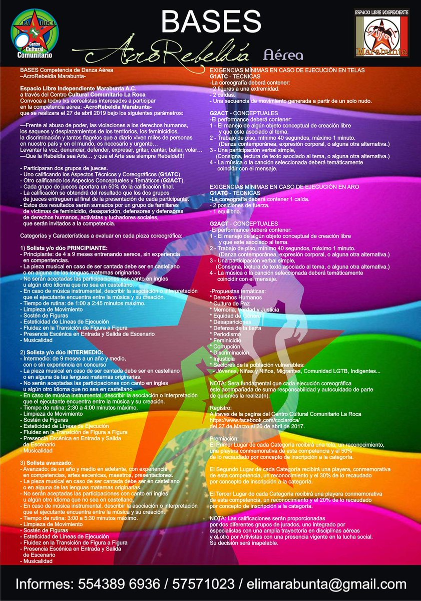 Competencia "AcroRebeldía Aérea" 
Busca motivar la creación artística como herramienta de compromiso, protesta, denuncia y búsqueda de justicia; ser la voz de los sin voz.
Participa!! Comparte!! Difunde!!
#ElArteEsUnArmaCargadaDeFuturo
#LaPrimerViolenciaEsLaInjusticia