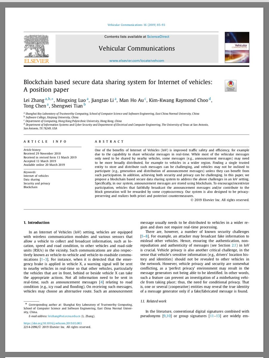 RaymondChooAu's tweet image. #Blockchain based secure #datasharing system for #Internetofvehicles: A position paper, #VehicularCommunications
authors.elsevier.com/c/1YoA37tS-PmT… #IoT #IoV #CyberSecurity #UTSA #UTSAResearch #SmartCity #privacy