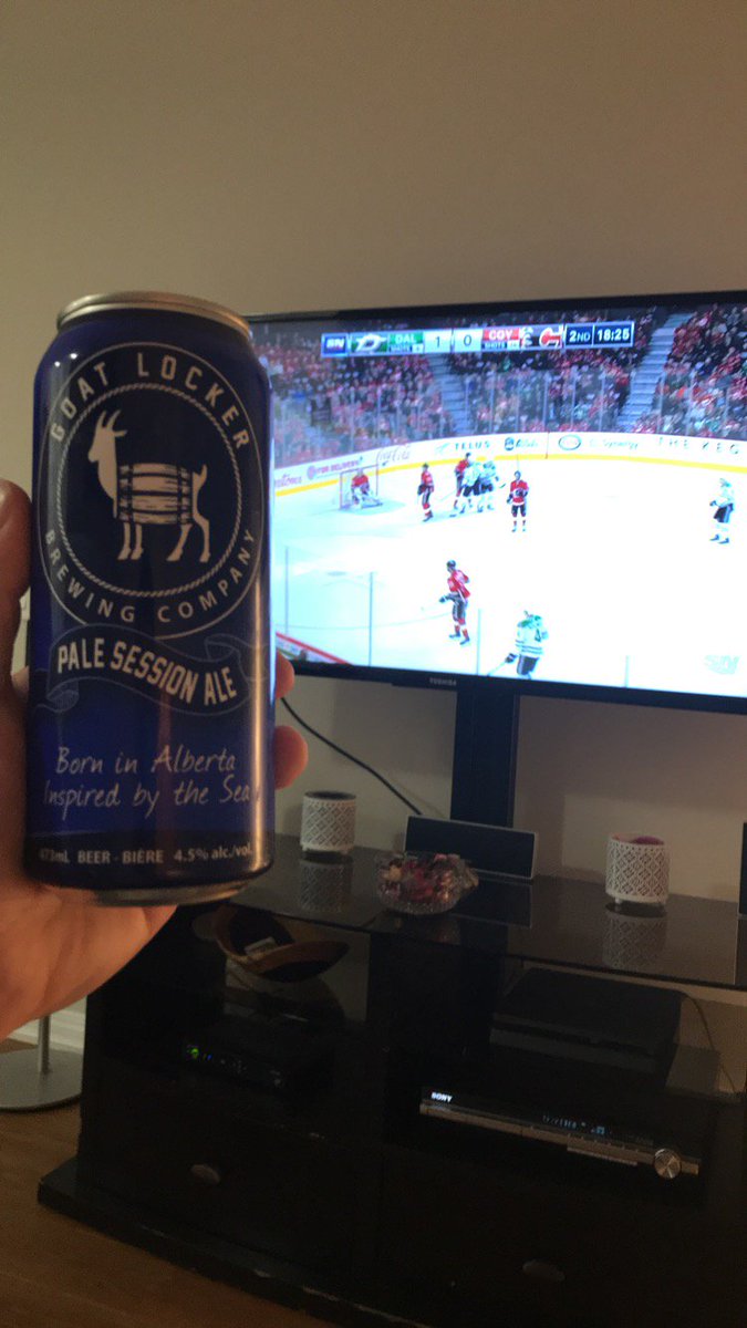 goatlockerbeer's tweet photo. Flames game beers are the best beers. Is anyone getting excited for some playoff hockey!? 🐐🍻 #GetTheGoat #PaleSessionAle #DrinkLocal #SupportLocal #AbCraftBeer https://t.co/TqzNCJNG4a