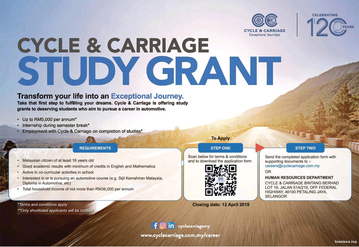 BiasiswaKini's tweet photo. Cycle &amp; Carriage Study Grant 2019 @YOpportunities @YouthSDGs @ComSecYouth @JohorYouthHub @YouthSarawak #studygrant2019 #malaysiascholarship2019 #malaysiastudygrant  https://t.co/x3IrobT6Q2 https://t.co/FQZRRFFCkS