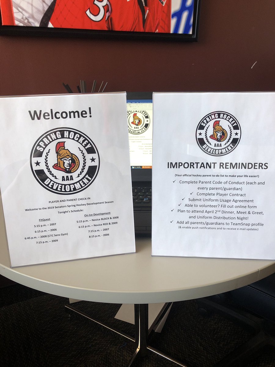 Sensplex's tweet photo. After nearly a year in the making, the @Senators Spring AAA Hockey Development Program finally got underway tonight with six teams from 2010-2006 hitting the ice and the gym. Let’s get after it! #SSHDAAA19 https://t.co/ctSS6IOxP2