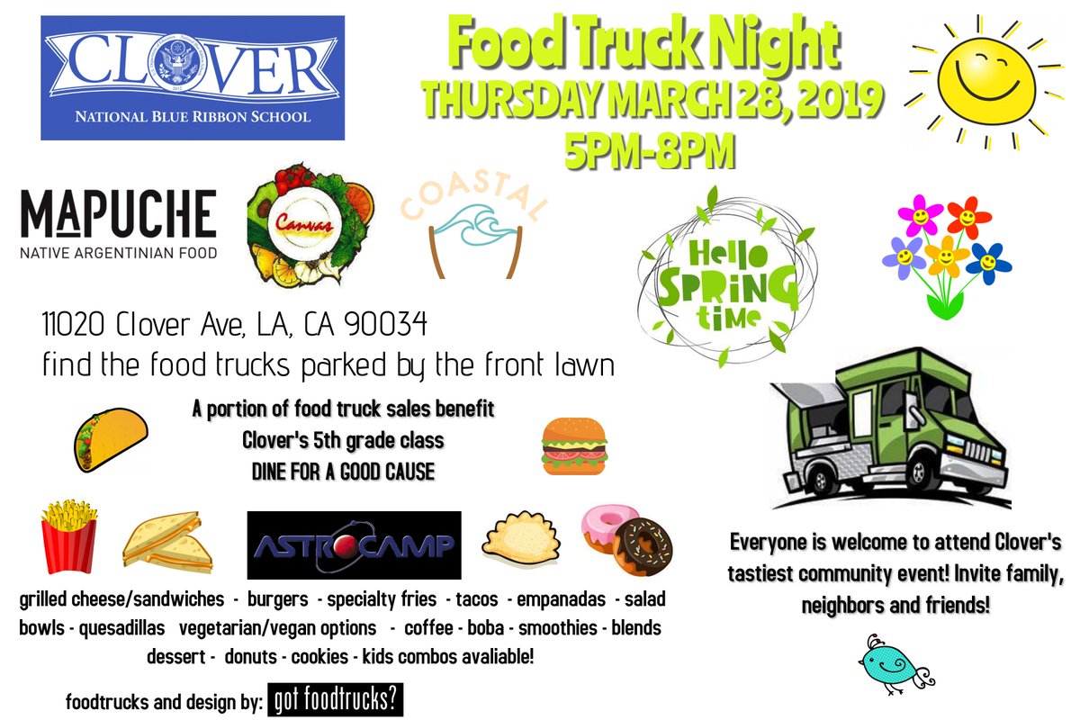 gotfoodtrucks's tweet photo. THURS NIGHT join us after #OpeningDay baseball grab a bite at @cloveraveschool West LA dinner w/ @MapucheNative @CanvasFoodsLA &amp; coffee/sweets Coastal Coffees! 
A % of sales goes back to the school! 5-8pm 11020 Clover https://t.co/rUE707l5a3