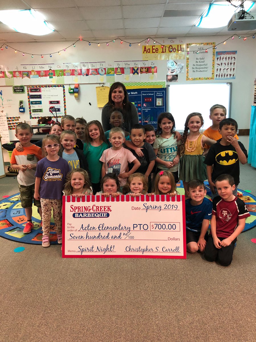 Thank you to all the parents that came out to Spring Creek for AES Spirit Night.  Our class won for the Kindergarten class with the most families In attendance!!! We Love Spring Creek BBQ! #legacyAES #SpringCreekBBQ