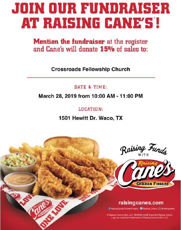 xroadsonline's tweet photo. Make plans to eat lunch or dinner (or both!) at @Raising_Canes on Hewitt Drive today. They are generously donating 15% of today's sales to our Brazil mission trip. Mention the fundraiser when you go in! https://t.co/28AhZLaX88