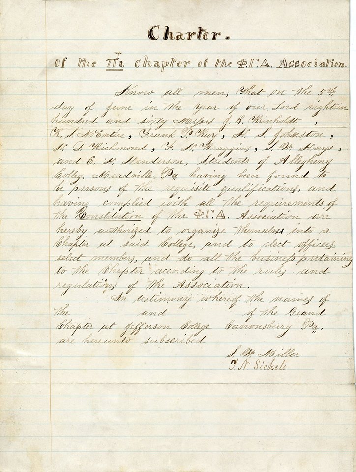 PhiGamArchives's tweet photo. This 1860 charter from @FIJI_PI_Chapter @alleghenycol is our oldest extant charter, and the only known handwritten one. Issued by the Grand Chapter at Jefferson College. Digitized at our 2019 #ArchivesWeekend. #PhiGam #PhiGammaDelta https://t.co/qIv8XQXZ5b