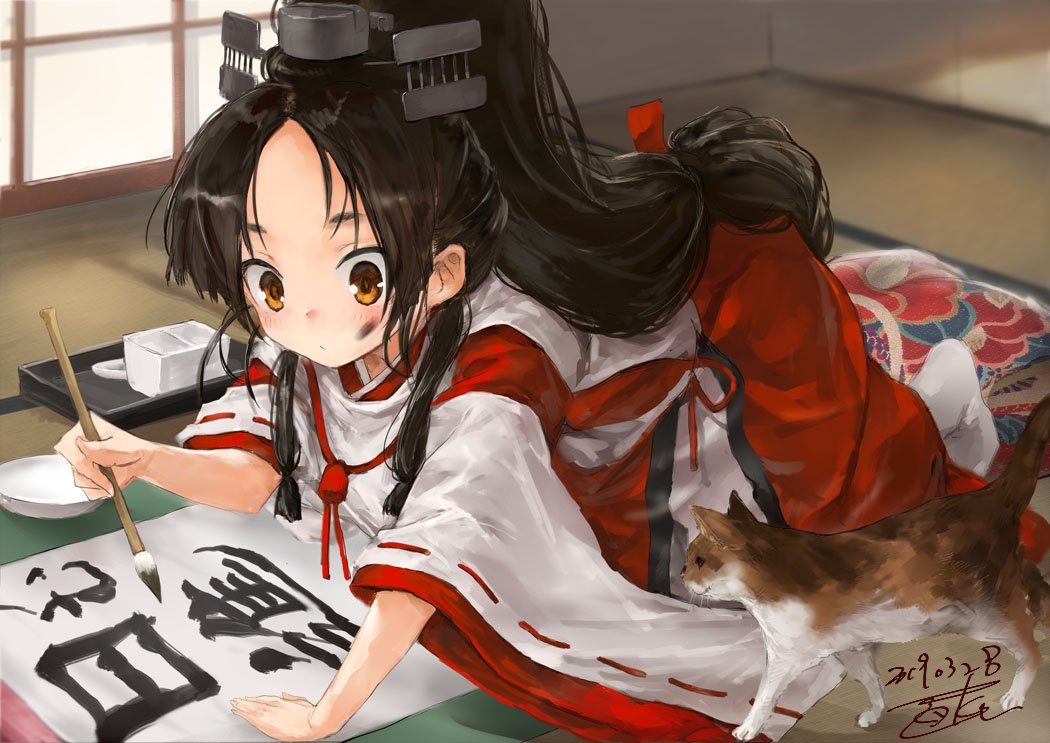 multi-tied hair 1girl high ponytail long hair miko short eyebrows japanese clothes  illustration images