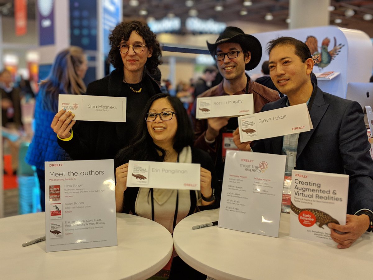 slukas's tweet photo. Thank you @OReillyMedia for having us at the @strataconf today for the signing of our new book on #AR #VR &amp; creating the future of #spatialcomputing, and especially to @erinjerri for driving this anthology from the beginning. #XR forever! https://t.co/0T8KBgyufr