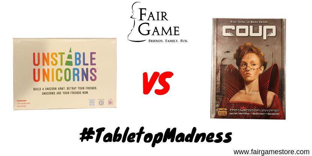 FairGameStore's tweet image. Our next #TabletopMadness matchup is from our "Party Games" category: Unstable Unicorns vs. Coup - unicorns and destruction vs. influence peddling.