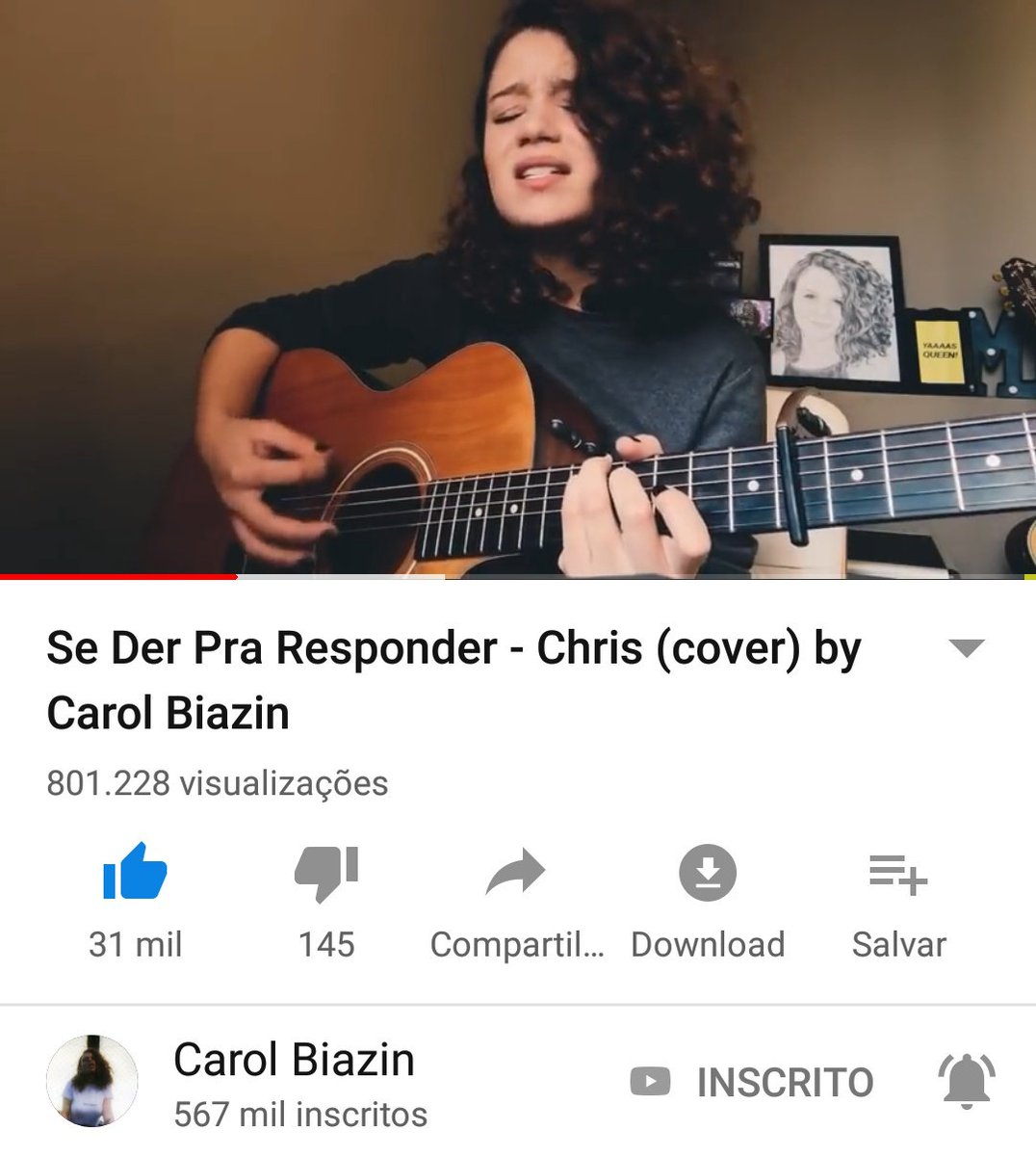 NumerosDaCarolB's tweet photo. Cover de "Se der pra responder" ultrapassou 800k no canal da @carolbiazin https://t.co/oufSXd212h