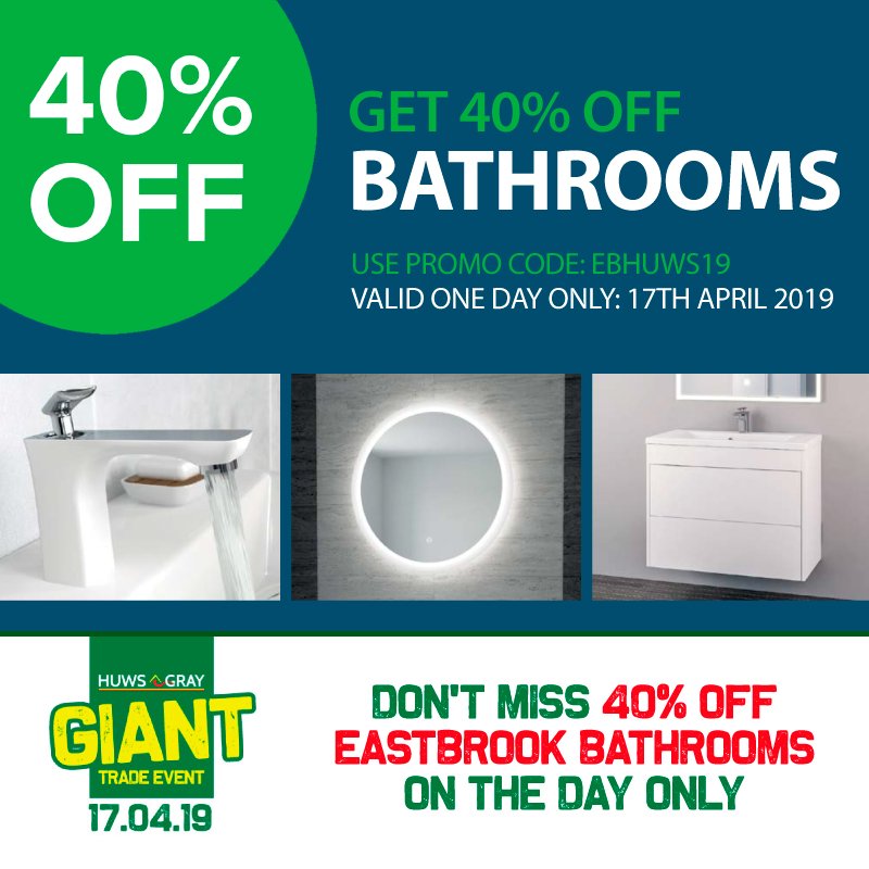 Huws_Gray's tweet photo. 40% Off Eastbrook Bathrooms at the GIANT Trade Event! Don't miss this on the day only offer! Register online today: https://t.co/0IN4TFx1IF   #eastbrook #bathrooms #HGGIANT https://t.co/lFU0PuDMYG
