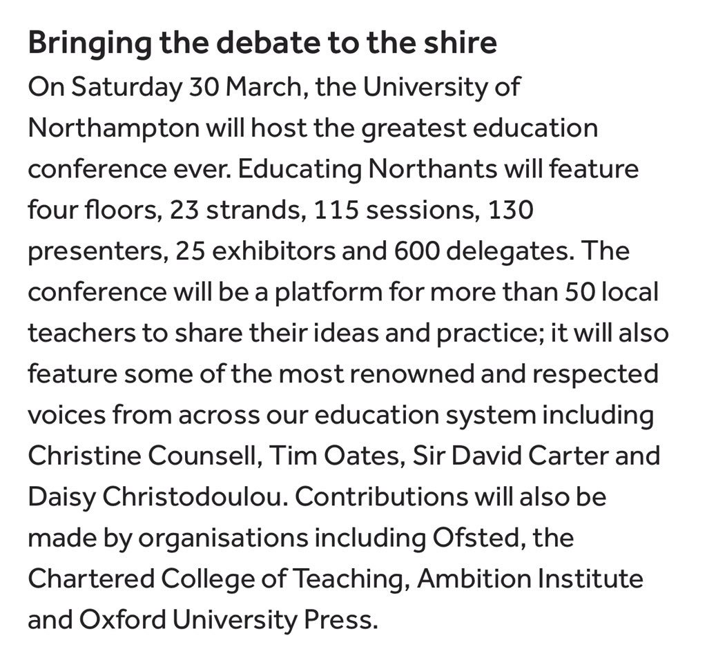 TomRees_77's tweet photo. Just 2 days to go and I can’t believe that #EducatingNorthants is almost here. After almost a year of planning, we are bringing the most important conversations in education ‘to the shire’.

Overwhelmed by the support of the education community.

https://t.co/6UCkjGZ0yk https://t.co/p3zzGxdQYi