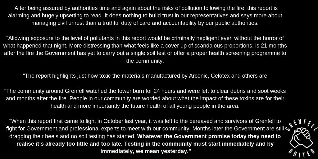GrenfellUnited's tweet photo. .@GrenfellUnited response to Professor Anna Stec's study... 

Whatever the Government promise today they need to realise it’s already too little and too late. Testing in the community must start immediately and by immediately, we mean yesterday.  #Grenfell https://t.co/34cGgd3KvC