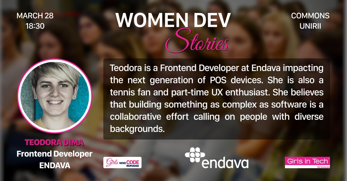 GirlsWhoCodeRO's tweet image. #Meet another of our ⭐️ special guests ⭐️ at Women Dev Stories from #Endava Romania. Teodora will inspire you with her story about her colourful 🍭 background, academically &amp;amp; professionally, being a Frontend Developer 🦋 at Endava, and a UX enthusiast 🤩 bit.ly/2CrAldz
