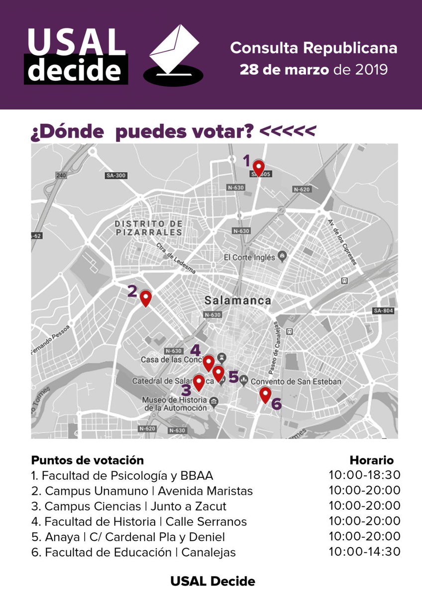 YescaCastilla's tweet photo. Estos son los puntos de votación de la consulta organizada por @DecideUsal. Se podrá votar en Salamanca y habrá mesa también en Zamora.
Pese a la censura de la #USAL la dignidad y determinación de los y las estudiantes hace posible que hoy se pueda decidir.
#USALDecide https://t.co/TqjYTdaU6C