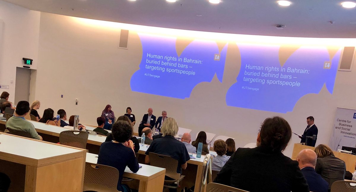 simon_darcy's tweet photo. Craig Foster at the ⁦@UTS_Business⁩ speaking passionately about #HumanRights &amp; the power of the sport community in securing the release of Hakeem al-Araibi from a Thai jail NOT the #football #federations because of their vested interests! ⁦@UTSSocialImpact⁩ ⁦ https://t.co/v7e0PpLMom