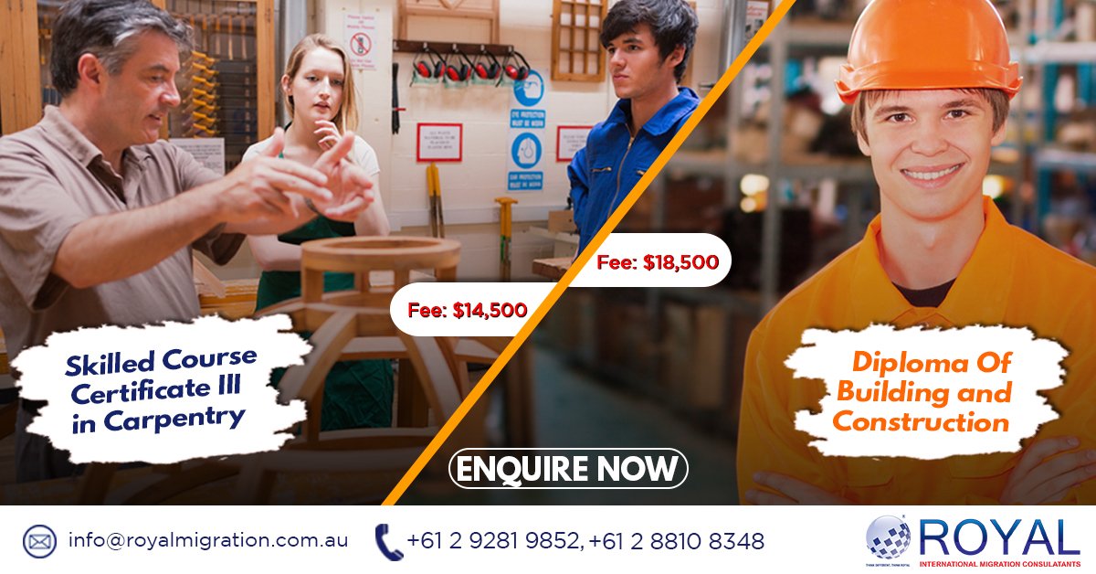 RoyalMigration1's tweet image. Get Skilled CERTIFICATE III IN CARPENTRY
#StudyCarpentry 
&amp;amp; Diploma Of Building and Construction 
Enquire Now: 
info@royalmigration.com.au
+61 2 9281 9852, +61 2 8810 8348
Email: info@royalmigration.com.au
#skilledcourse #royalmigration
