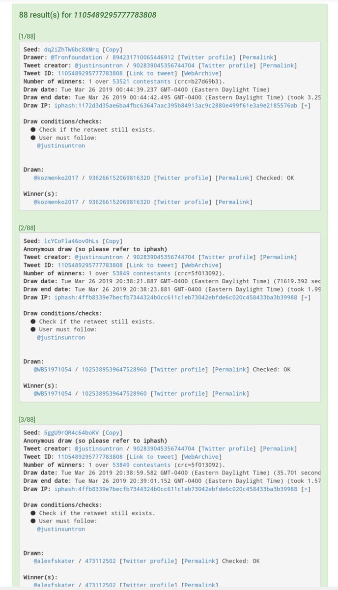 doubleRatchetAf's tweet photo. 1/ So @justinsuntron did 88 draws using the Tesla giveaway tweet

- 1st draw (from @Tronfoundation acct) was on March 26th at 12:44am. Winner from that draw was @kozmenko2017, a bot

- Draws 2 - 88 were done anonymously but from ip hashes/time stamps were clearly the same person https://t.co/nV6gXgYQSQ