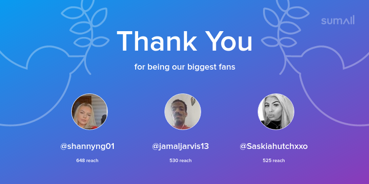 Our biggest fans this week: @shannyng01, @jamaljarvis13, @Saskiahutchxxo. Thank you! via sumall.com/thankyou?utm_s…