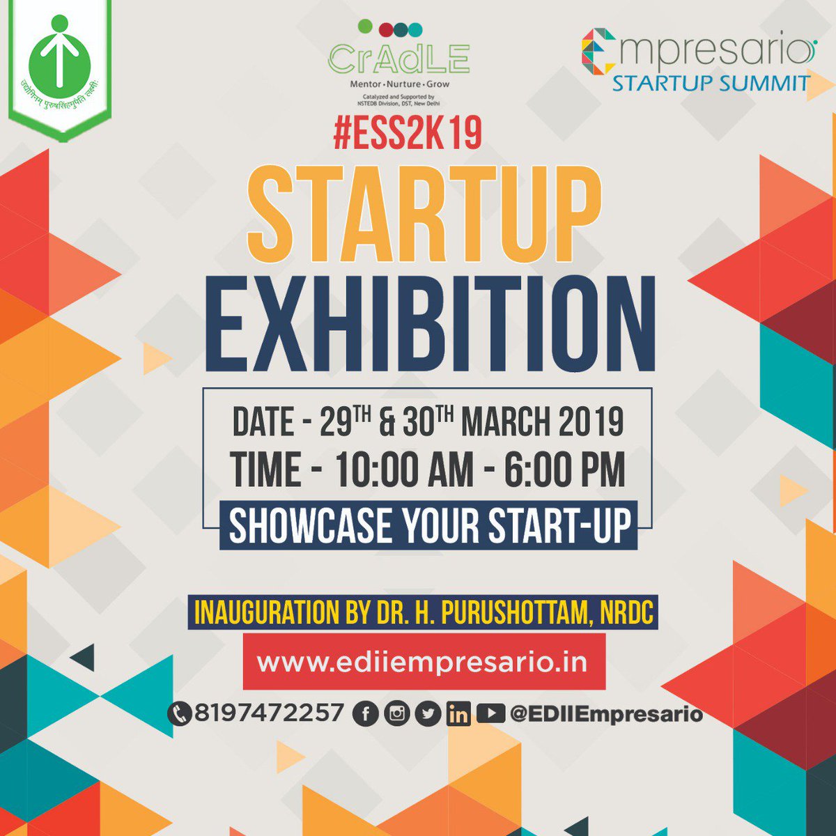 EDIIAhmedabad's tweet photo. Startup Exhibition - Showcase Your Start-Up
A unique platform where we bring together some of the most innovative upcoming startups to showcase their products and services.
Date - 29-30 March 2019
Register Now - https://t.co/1VW8W7UENn
#ESS2k19 #EDIIAhmedabad https://t.co/iq2g7D93Ss