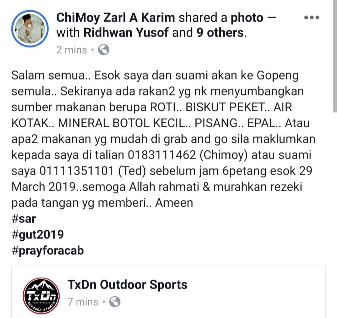 TxDn_'s tweet photo. Sebarkan.. 1yg korang beri insyaAllah 10 Allah balas.. Operasi SAR di Gopeng masih berlangsung.. Kami perlukan bantuan dari segi makanan.. Semoga kalian dimurahkan rezeki..Ameen..
#sar
#gut2019
#prayforacab https://t.co/wX4oNxOrGI