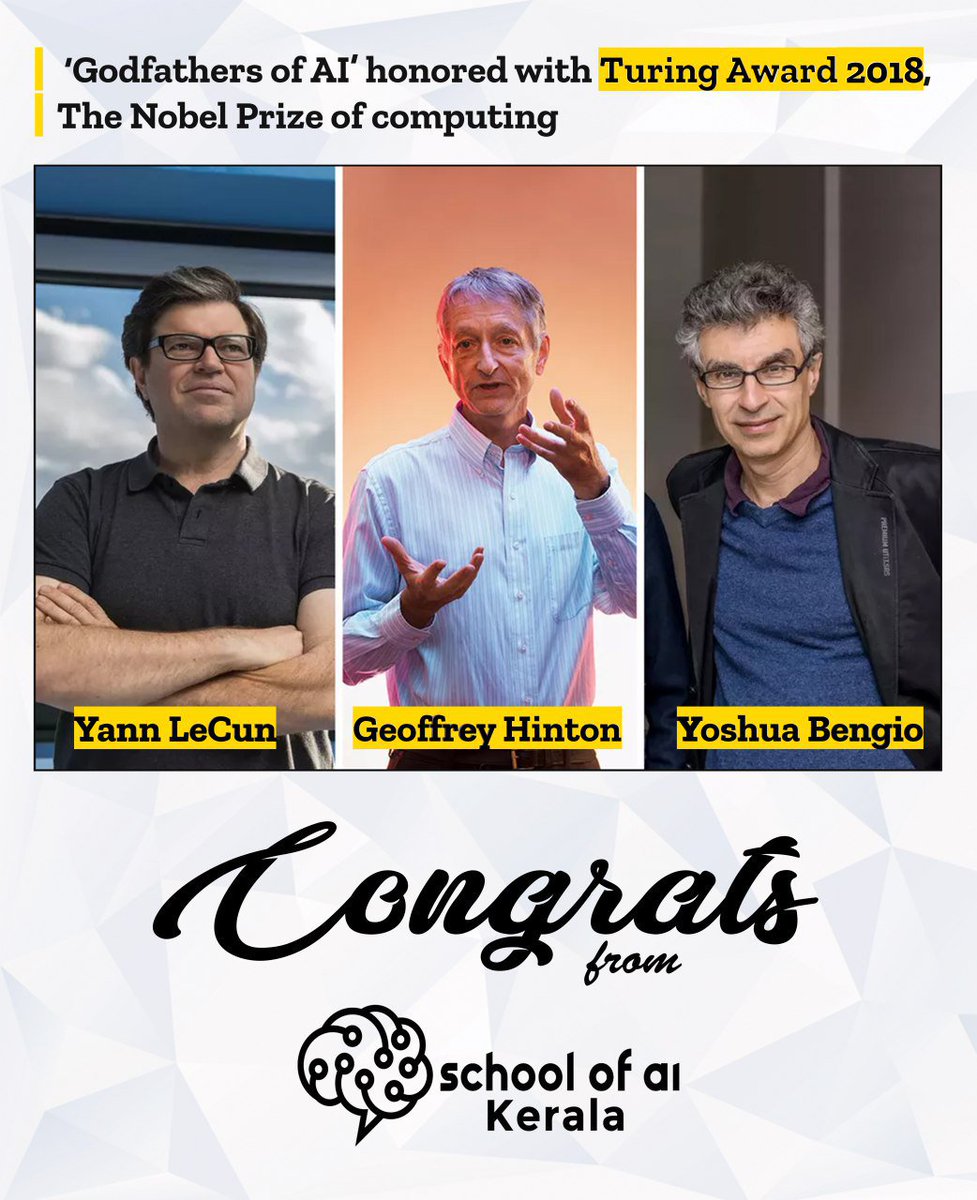 'Godfathers of AI’ honored with Turing Award, the Nobel Prize of computing! Congrats from <a href="/SOAiKerala/">School Of AI Kerala</a>! 
<a href="/boredyannlecun/">Bored Yann LeCun</a>
<a href="/ylecun/">Yann LeCun</a>
<a href="/geoffreyhinton/">Geoffrey Hinton</a> 
Yoshua Bengio 
<a href="/sirajraval/">Siraj Raval</a> 
@SchoolOfAIOffic
