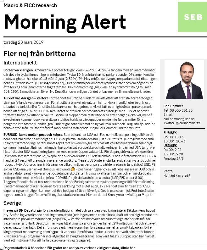 Dagens Morning Alert: om fler (8) nej i London, om Turkiets kris, om varför USD inte stärkts mer och varför Fed är kronans bästa vän samt om Ingves som glömde bort att nämna sitt valutainterventionsmandat. Enjoy :)