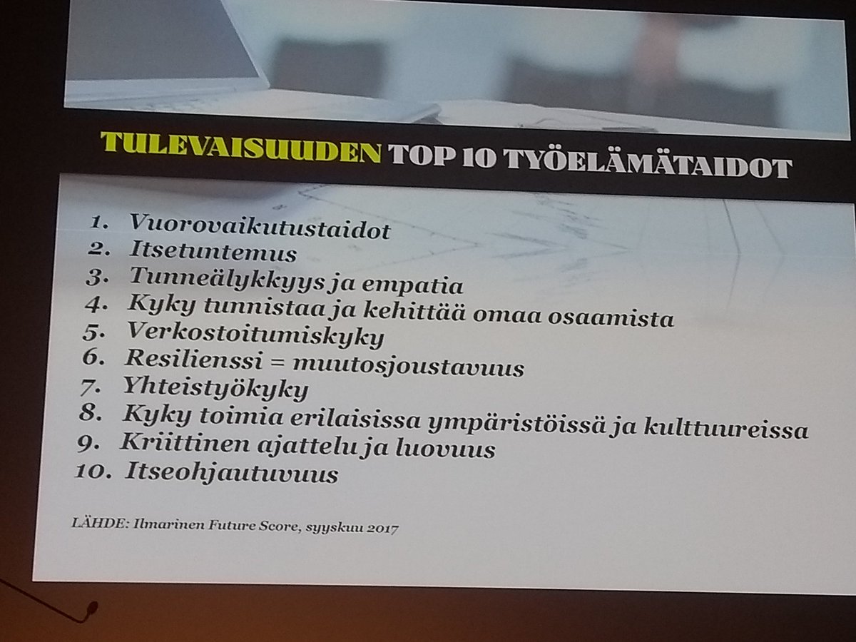 NillaHietamaki's tweet photo. Huomaa: tulevaisuuden tärkeimmistä työelämätaidoista yksikään ei ole teknologiataito - ne ovat ihmistaitoja. Työtä tehdään enenevästi yhdessä, tiimeissä, joustavasti eri paikoista, itseään johtaen. #työelämä #TPBB https://t.co/TujAlUgNBL