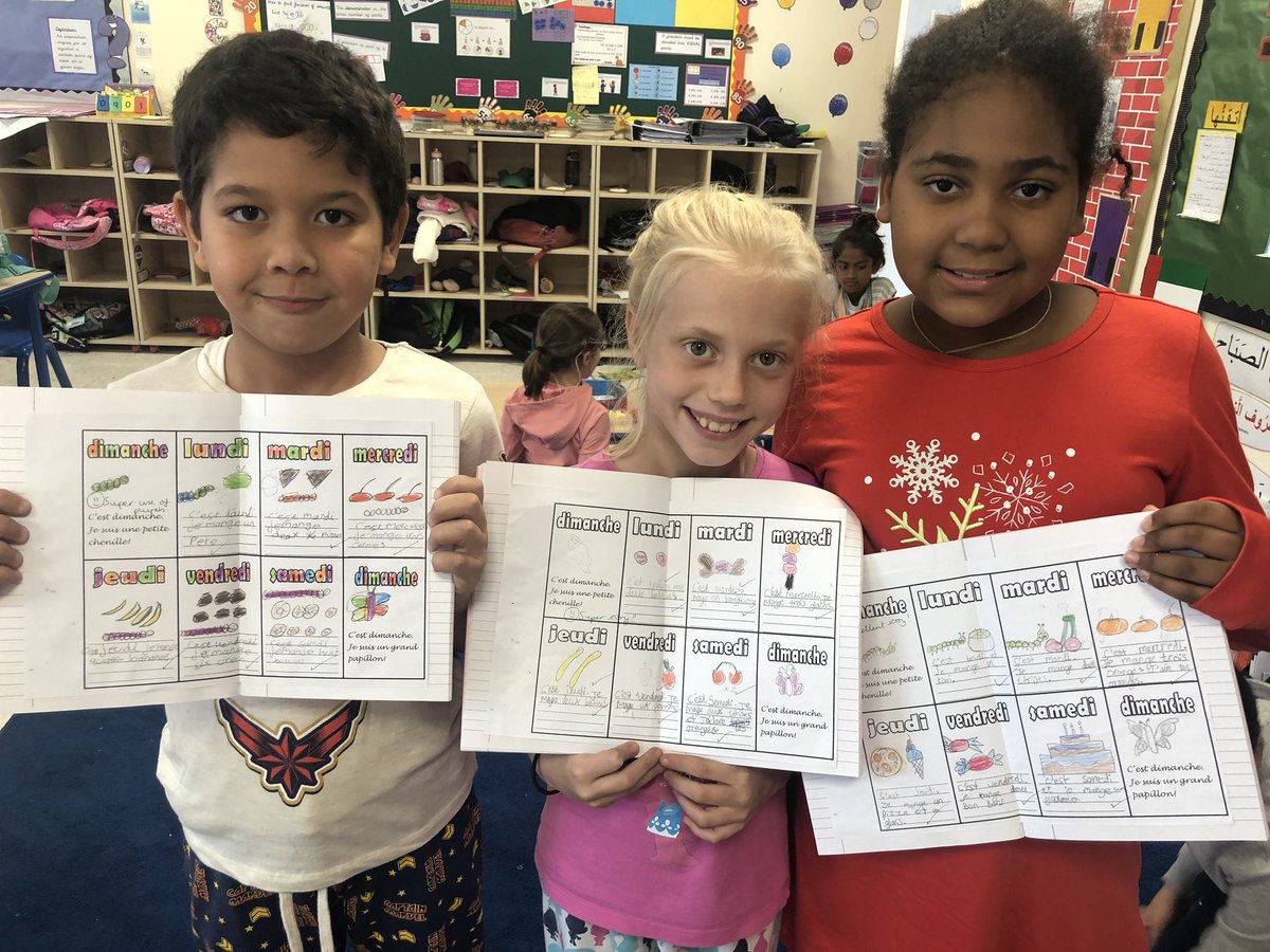 JPS_French's tweet photo. Some wonderful story writing in French this term in Year 3! We combined our vocabulary of the Days of the Week, Numbers and Fruits to write our own versions of ‘La Chenille qui fait des Trous’ and then improved the story with the use of opinions! #JPSfrench #JPSyear3 https://t.co/7Xkl4PtSGN