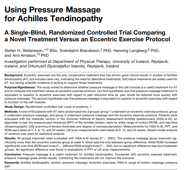 PhysioMeScience's tweet photo. Using Pressure Massage for Achilles Tendinopathy: A Single-Blind, Randomized Controlled Trial Comparing a Novel Treatment Versus an Eccentric Exercise Protocol.
🤔
https://t.co/07liCH0vP8 https://t.co/G9IFnvbbcS