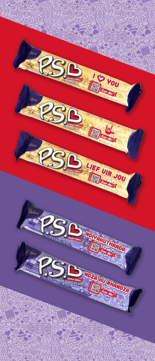 JustDesignSA's tweet image. This year, our favourite chocolate @CadburyPSBar made it super easy to say “I Love You” – in each one of our official SA languages. Beautifully decorated with South African iconography, the P.S. logo displays a temporary modification: swapping the Wi-Fi symbol for a bold heart!