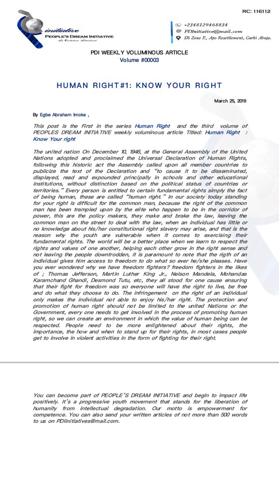 peoplesdreamNGO's tweet photo. Volume 3 of PEOPLE’S DREAM INITIATIVE weekly Voluminous Article is out. You can send your article to our email: pdinitiative@mail.com peruse for your leisure #PdiVoluminousArticle #Volume3 #9jadream #PDI #MondayMotivation https://t.co/d3qWypoO6u