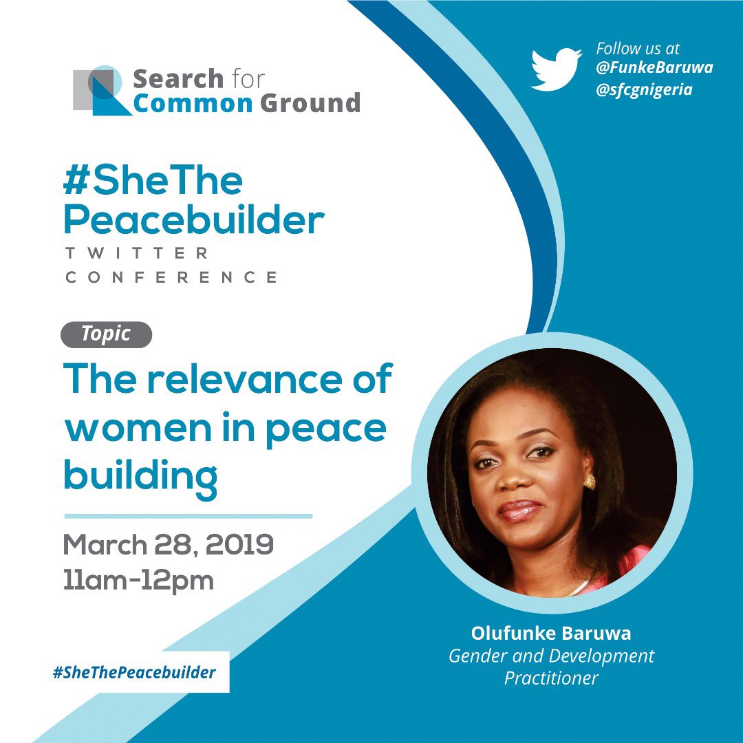 From Jos to Asaba, Maiduguri to Enugu, We need sustainable peace for society development. Join ⁦<a href="/FunkeBaruwa/">Olúfúnké Baruwa</a>⁩  as she tweet on the relevance of women in peacebuilding from 11am today. #SheThePeacebuilding ⁦<a href="/unwomenafrica/">UN Women Africa</a>⁩  ⁦<a href="/NDI/">National Democratic Institute</a>⁩  ⁦<a href="/937RhythmFm/">Rhythm FM</a>⁩  ⁦ ⁩