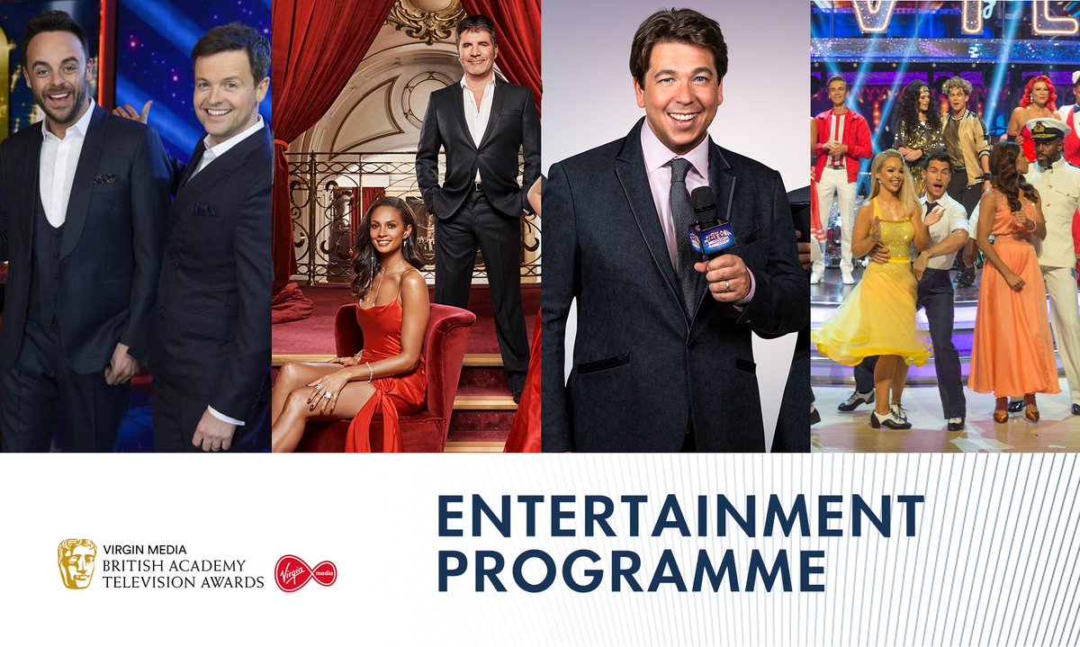 BAFTA's tweet photo. The four nominees for Entertainment Programme 🏆😃

📺 Ant &amp; Dec’s Saturday Night Takeaway 
📺 Britain’s Got Talent 
📺 Michael McIntyre’s Big Show 
📺 Strictly Come Dancing 

#BAFTATV https://t.co/qt5OFBeDsf