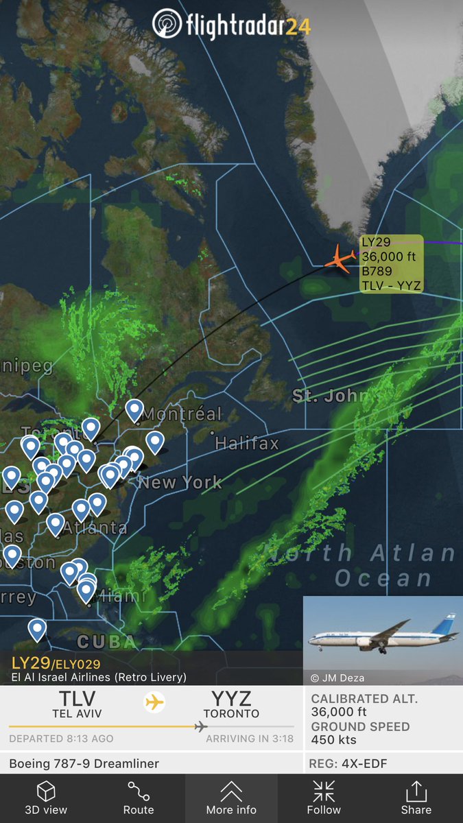 TomPodolec's tweet photo. YYZ Spotter Alert 🚨
Two specials inbound Toronto.
El Al #LY29 Boeing 787-9
Retro Livery ETA 07:00 ETD 18:55
Etihad #EY141 Boeing 777-300
New livery ETA 16:30 ETD 22:55 https://t.co/oiRgfX8asu