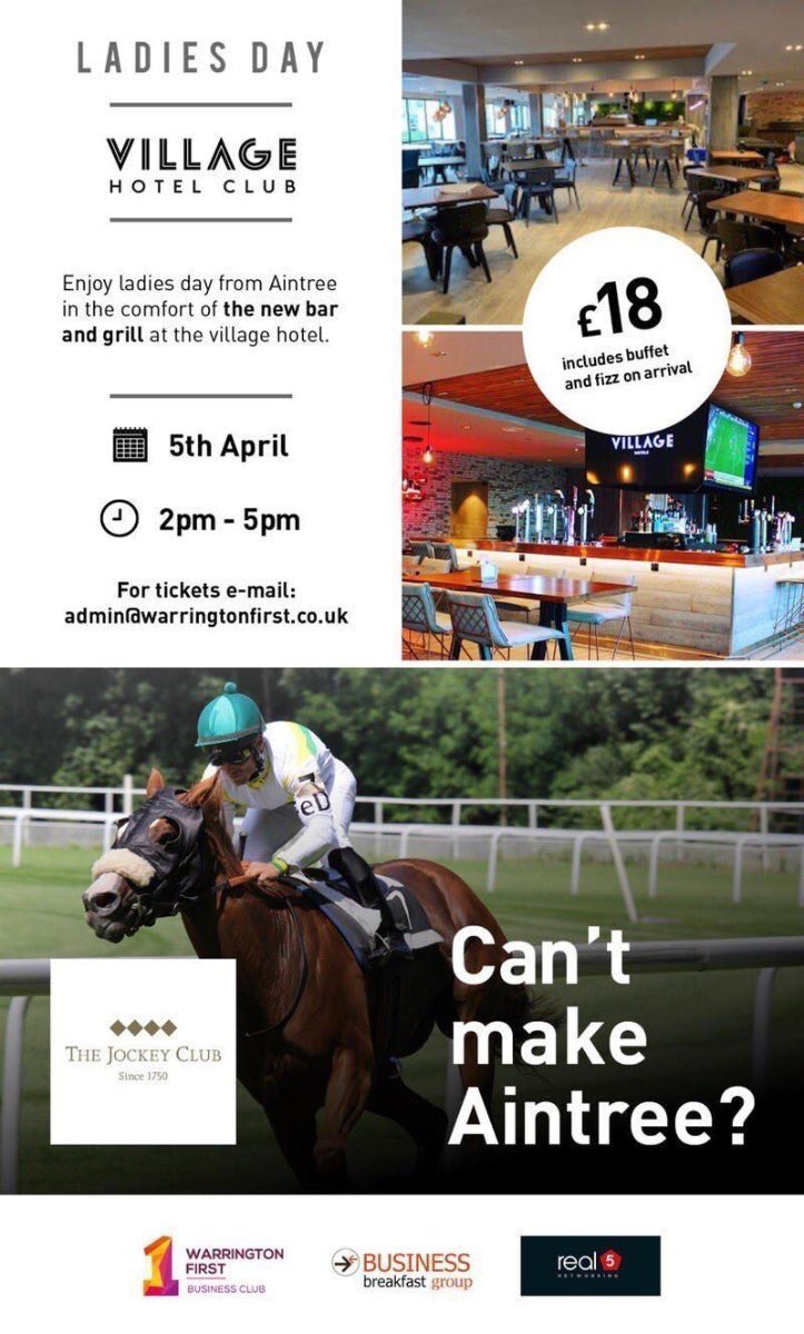 Organising a networking event at <a href="/Village_Hotels/">Village Hotels</a> Warrington.

Watch ladies day racing from Aintree from the comfort of their new Bar and Grill.

<a href="/real5networking/">real5 Networking</a> <a href="/Watsons_Legal/">Watsons Solicitors</a> <a href="/GarySkent/">Gary Skentelbery</a> 

*open to men and women!