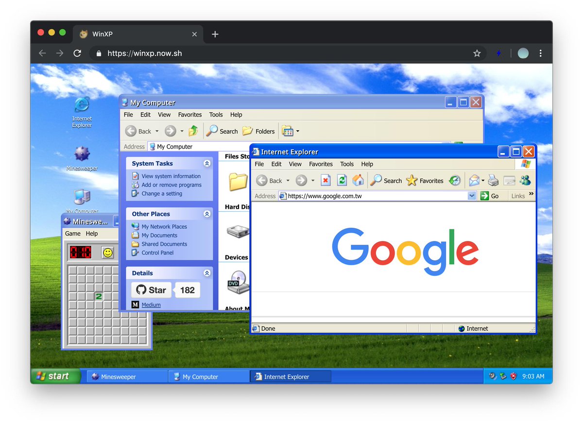 Windows XP in React + Hooks feels so much like the original thing that I thought it booted into a windows VM

🖼 winxp.now.sh
📜 github.com/ShizukuIchi/wi…
📖 goo.gl/yn1sHX (🇨🇳)