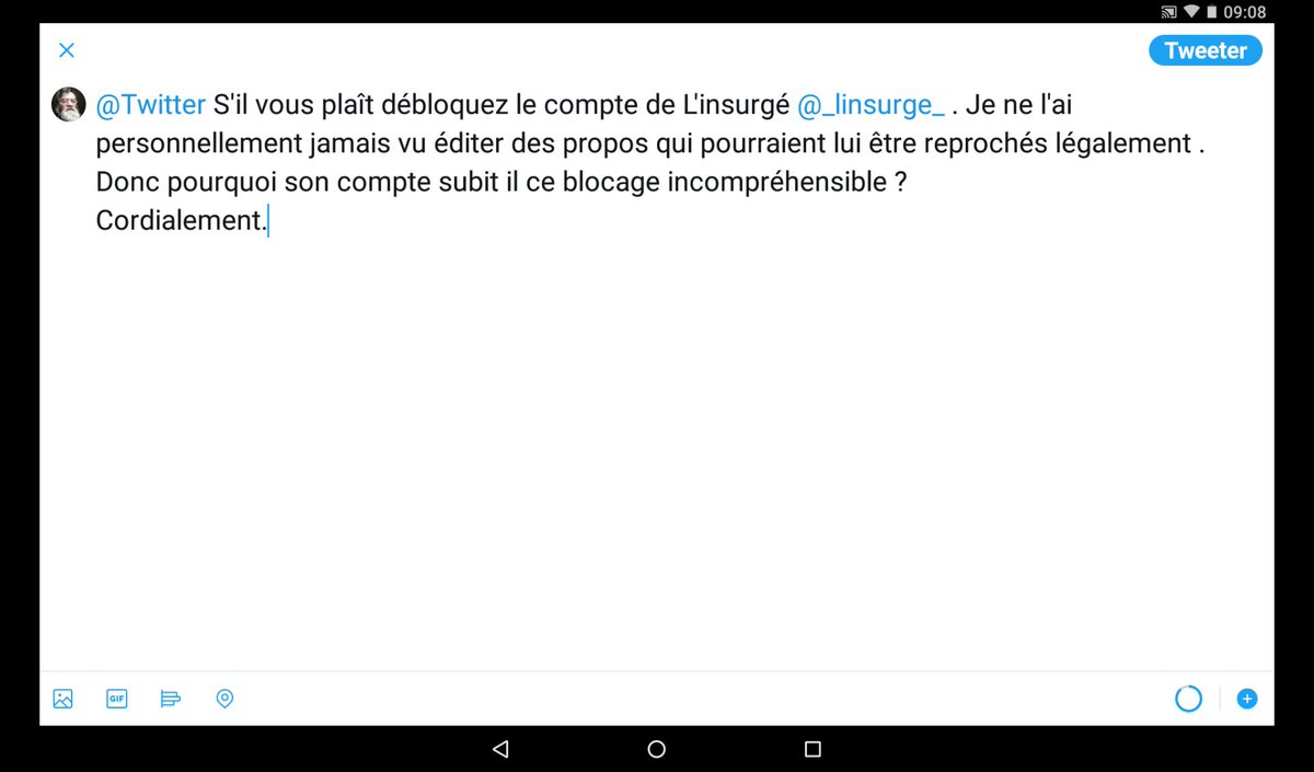 @NeoResistant @_linsurge_ @Twitter Je viens de faire un message à Twitter . Ça devient incompréhensible cette situation , L'insurgé subit une brutale et inadmissible censure de Twitter .