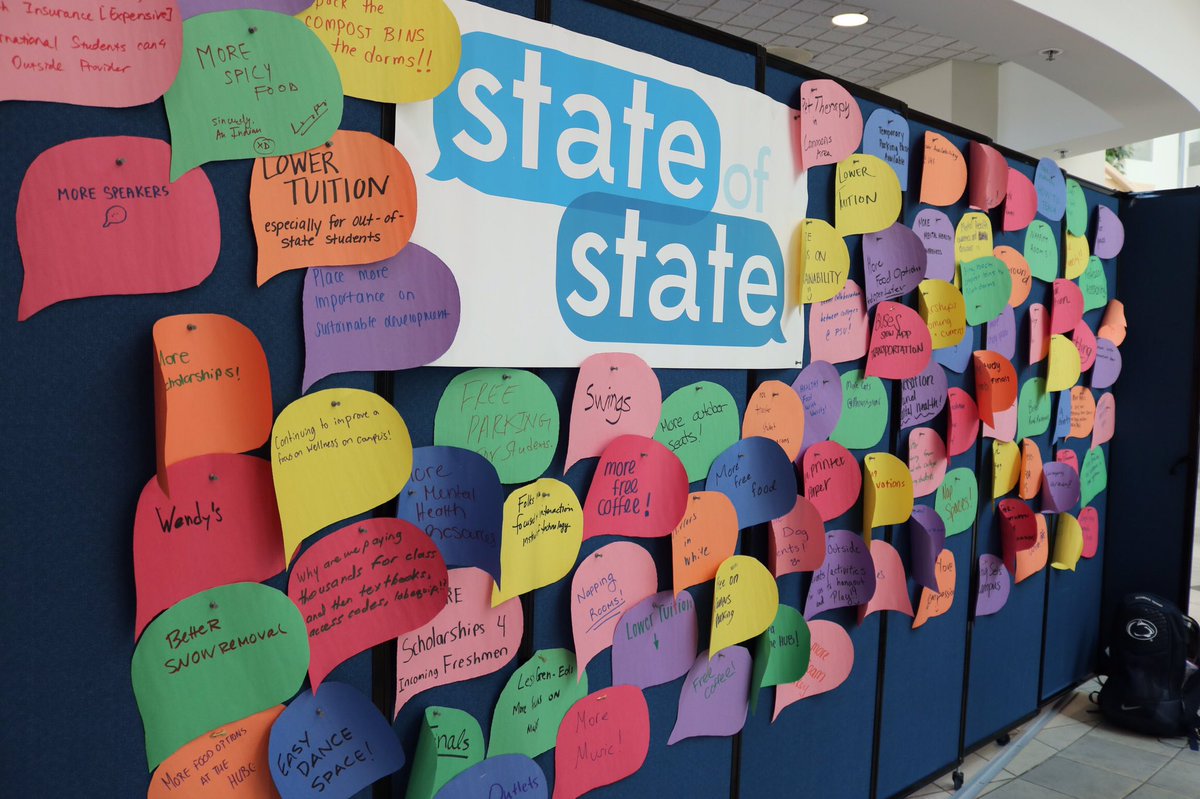 PSUStateOfState's tweet photo. Thank you to everyone who came out to our HUB Day on Tuesday! We had some great discussion with students on what would improve their Penn State experience! Register for our conference which is this SUNDAY https://t.co/zg37kODz55 #StateofChange https://t.co/fACfBINYmz