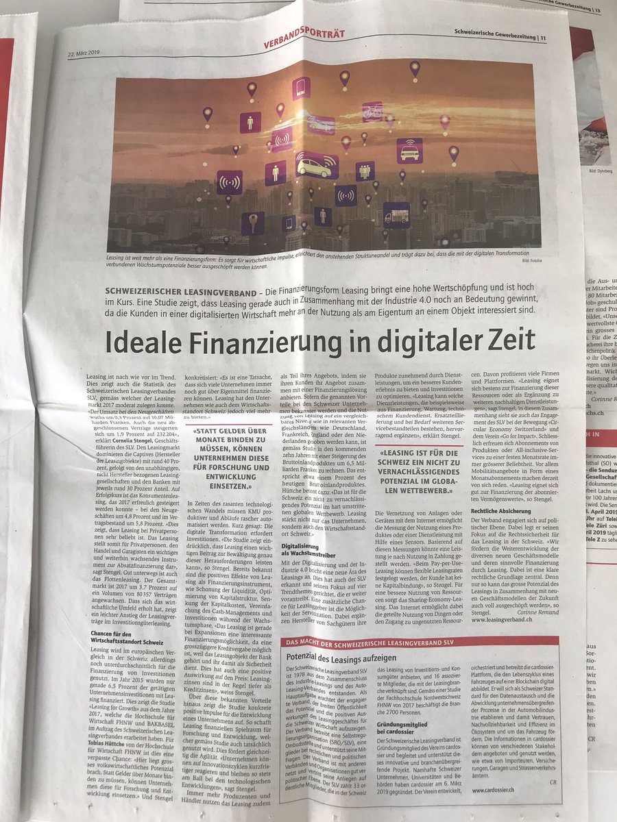 #Leasing als ideale Finanzierungsform im digitalen Zeitalter und wie der <a href="/SLV_ASSL/">Schweizerischer Leasingverband SLV</a> seine Mitglieder auf dem Weg in die #Digitalisierung unterstützt. Vielen Dank für dieses gute Portrait in der aktuellen Ausgabe der Gewerbezeitung, <a href="/gewerbeverband/">sgv-usam</a>!
